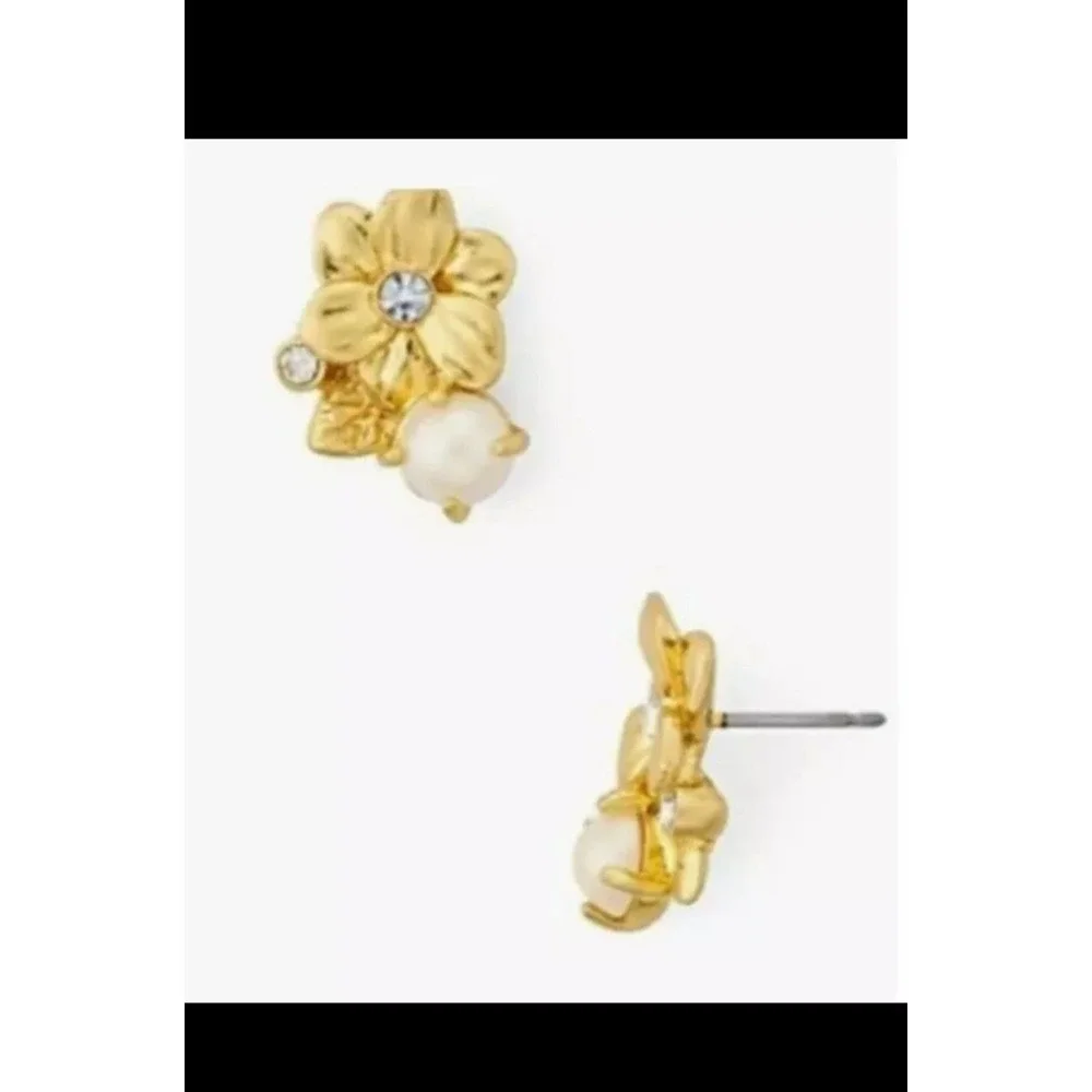 Kate Spade Wild Garden Gold Flower & Pearl Stud Earrings With‎ Crystal Accents